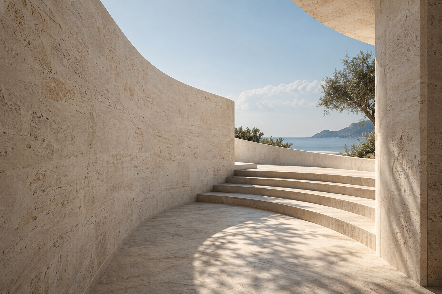 Curved limestone passage opening towards the sea