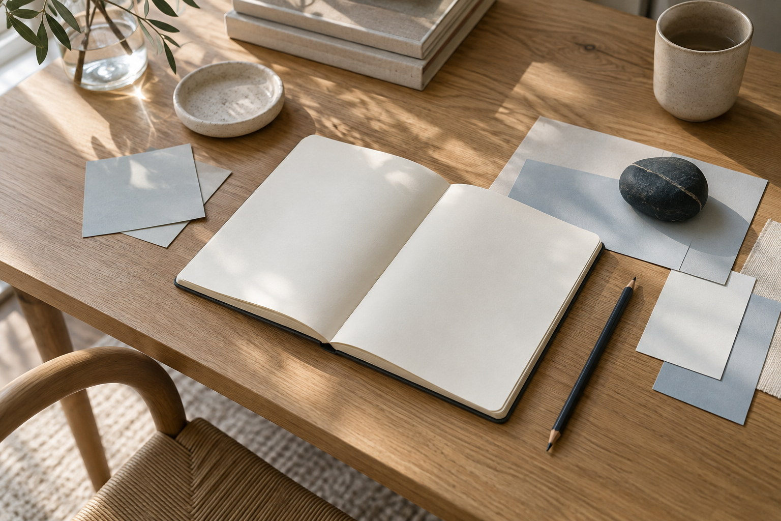 An open sketchbook and planning materials on an oak table