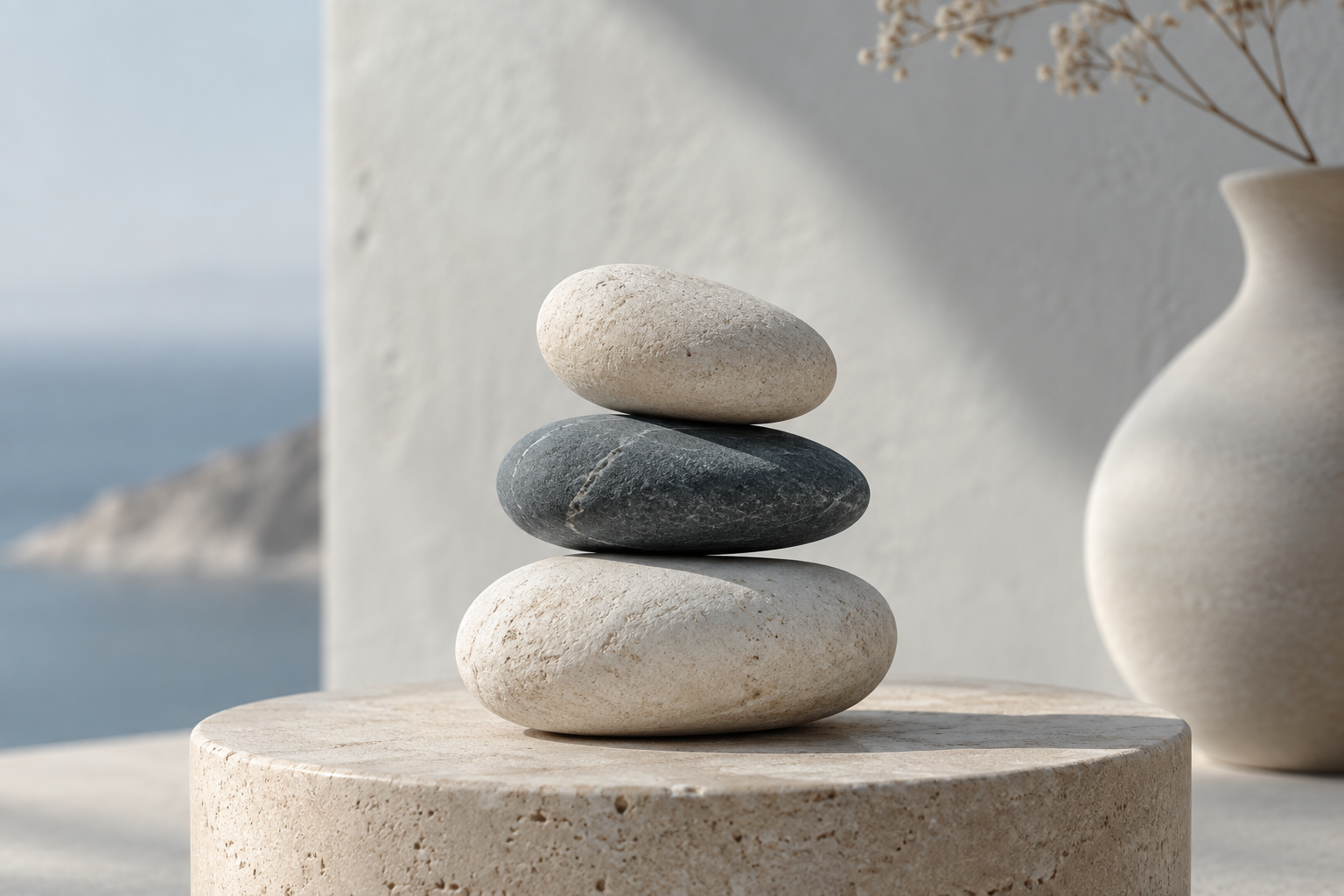 Balanced smooth stones in soft daylight